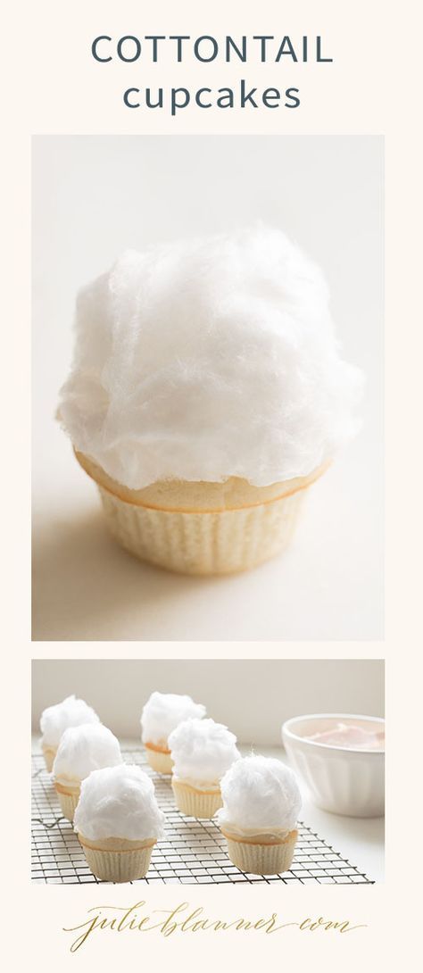 How To Make White Cotton Candy, Cupcakes With Cotton Candy On Top, Bunny Tail Cupcakes, Cotton Candy Toppings, Easter Cotton Candy, Cotton Candy Dessert Ideas, Cotton Candy Recipes, Cotton Candy Dessert, Cloud Dessert