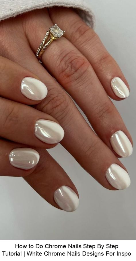 How to Do Chrome Nails Step By Step Tutorial | White Chrome Nails Designs For Inspo % #uñas french #diseños de uñas #uñas sencillas Vanilla Chrome Nails Short, White Dip With Chrome, Short White Pearl Nails, Milky White Chrome Nails Short, White Crome Nails Almond French, Milky French Manicure Almond, Vanilla Chrome Nails French Tip, White Chrome Toe Nails, Off White Chrome Nails