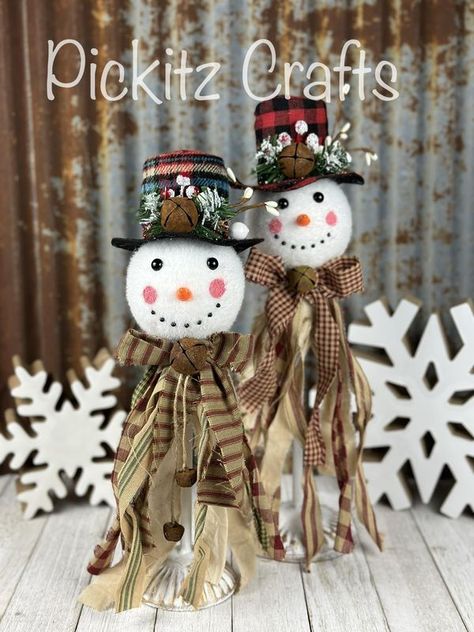 CCC (Crafty Creators Community) | These sweet snowmen are made using a Dollar Tree snowman ornament and a Dollar Tree candlestick I painted white | Facebook Dollar Tree Snowman, Tree Parts, Primitive Country Crafts, Wooden Xmas Trees, Bed Spring Crafts, Primitive Country Christmas, Bazaar Crafts, Holiday Crafts Diy, Tree Snowman