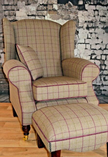 Wing Back Fireside Cottage Armchair - Bamburgh Brown Check Footstool + Cushion | eBay Diy Furniture Chair, Fireside Chairs, Blue Tartan, Chairs For Sale, Queen Anne, Grey Fabric, Upholstered Chairs, Furniture Chair, Seating Area