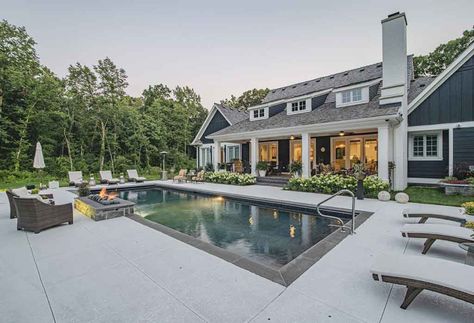 Classic Pool Designs - Barrington Pools Dream Backyard With Pool, Back Patio With Pool, Farmhouse Backyard With Pool, Rectangle Pool Landscaping Backyard, Farmhouse Backyard Pool, Rectangle Pool Designs, Concrete Around Pool, Backyard Patio Designs With Pool, Pool Designs Modern