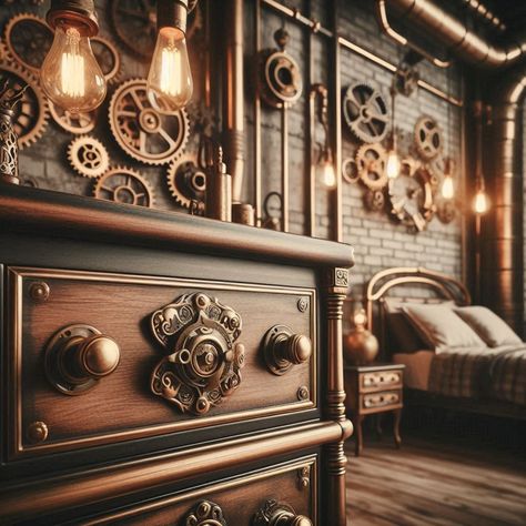 Industrial Bedroom Steampunk Inspired Detail Steampunk Living Room Ideas, Industrial Bedroom Ideas, Steampunk Wall Decor, Elegant Steampunk, Steampunk Bedroom, Minimalist Bed Frame, Loft Style Apartment, Rustic Bedside Table, Adjustable Wall Lamp