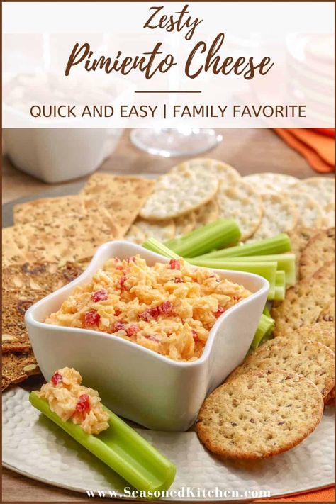 Here's an oldie but goodie - my mom's recipe for Zesty Pimiento Cheese Spread. It's quick and easy to prepare with only 5 ingredients, mixing sharp yellow and white Cheddar cheeses with mayonnaise, pimientos and cayenne pepper. Serve as an appetizer with crackers and celery stalks, or make into a sandwich! #pimientocheese #easyappetizers #makeaheadappetizers #pantryingredients #seasonedkitchen Pimento Cheese Recipe, Easy Potluck Recipes, Cheddar Recipes, Cheese Spread Recipes, Homemade Pimento Cheese, Pimento Cheese Spread, Easy Potluck, Sandwhich Recipes, Pantry Recipes