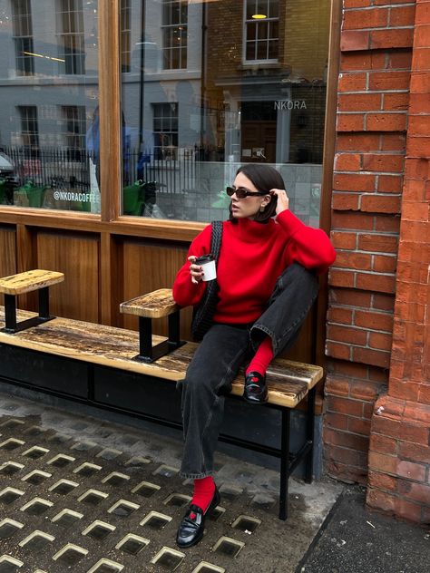 Shop FUNNEL-NECK WAISTED WOOL JUMPER - … and other curated products on LTK, the easiest way to shop everything from your favorite creators. Red Jumper Outfit, Red Sox Outfit, Loafer Outfits, Red Tights, Loafers Outfit, Look Jean, Jumper Outfit, Red Jumper, Sock Outfits