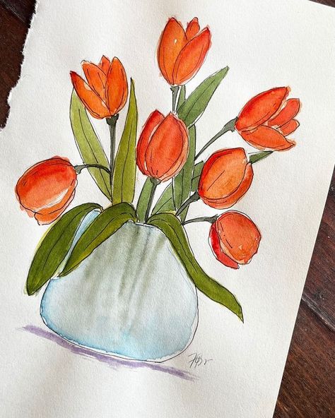 orange @pinterest Tulips In A Vase, Art Mini Toile, Tulip Drawing, Beautiful Floral Arrangements, Orange Tulips, Watercolor Tulips, Tulips In Vase, Vase Art, Diy Watercolor Painting