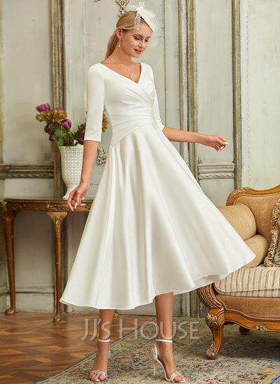 [£ 116.00] A-Line V-neck Tea-Length Satin Wedding Dress (002250145) Ariel Wedding Dress, Wedding Dress Silhouette, Buy Wedding Dress, Tea Length Wedding, Beach Garden, Wedding Silhouette, Chiffon Wedding Dress, V Neck Wedding Dress, Tea Length Wedding Dress