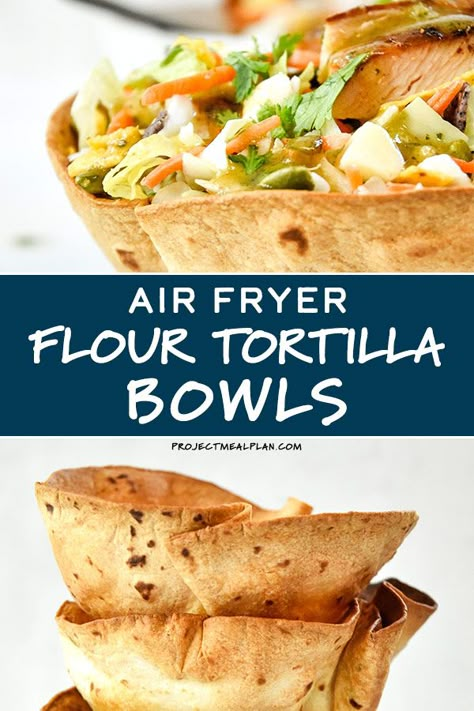 Air Fryer Flour Tortilla Bowls are a must for your next taco salad night! So crispy and easy to make, these tortilla bowls will take your taco salad to the next level! Directions included for taco size and burrito size tortillas! #airfryerrecipes #airfryer Air Fryer Flour Tortilla, Taco Salad Shells, Air Fryer Tortilla, Taco Salad Bowls, Tortilla Bowls, Blue Jean Chef, How To Make Tortillas, What To Make For Dinner, Flour Tortilla