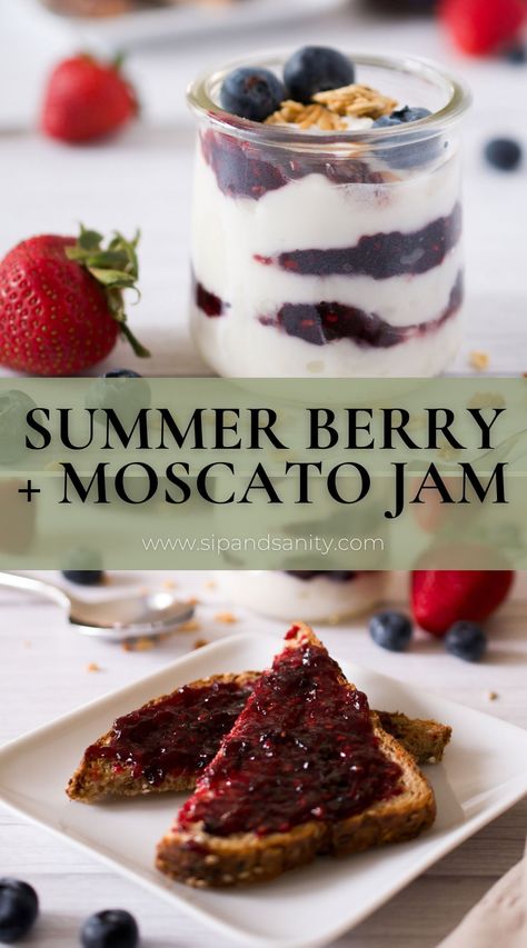 Summer Berry + Moscato Jam is bursting with ripe fruit and a sweet undercurrent that is distinctly moscato. Make this for a celebratory brunch…or anytime you’re feeling a little festive. You can use any combination of in-season berries to capitalize on the incredible flavors of the summer. Adding just a bit of moscato brings its distinctly fruity, sweet goodness. It’s really quite easy to make and uses just a few ingredients! Strawberry Moscato, Berry Jam Recipe, Wine Flavors, Wine And Cheese Party, Berry Jam, Cheese Party, Low Sugar Recipes, Jam And Jelly, Ripe Fruit