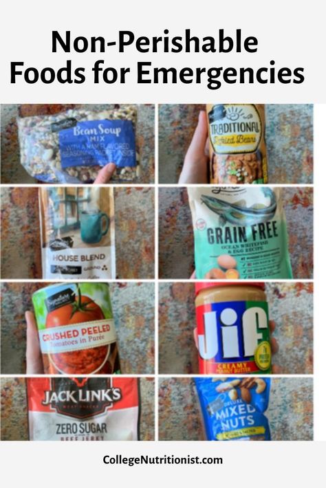 Non Perishable Foods List, College Food Hacks, High Fiber Snacks, Fiber Snacks, College Nutritionist, Dorm Food, College Budgeting, Non Perishable Foods, Canned Foods