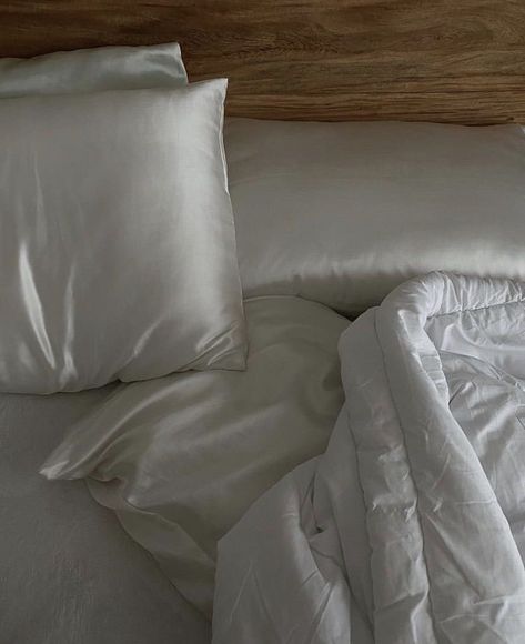 bedroom inspo, white silk bedsheets, unmade bed, aesthetic bedroom photography, minimal bedroom style, scandinavian, cozy bedroom, bedroom omspiration, morning bed aesthetics Morning Bed, Lifestyle Board, Morning Vibes, Silk Sheets, White Pullover, Vogue Beauty, Silk Bedding, Satin Pillowcase, Style Jeans