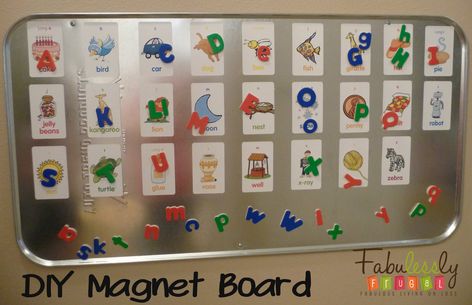 DIY Magnet board. Great educational tool for kids. I think I am going to do this because it would be such a great gift. Oh, and I can do it for numbers too. Diy Magnet Board, Diy Magnets, Busy Activities, Fun Magnets, Magnet Board, Diy Xmas Gifts, Playroom Ideas, Magnetic Board, Easy Crafts For Kids