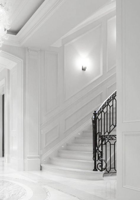 Stair Wall Decorating Ideas, Stair Moulding, Stair Paneling, Stairs Wall, Staircase Interior Design, Hallway Makeover, Wall Panel Molding, Cornice Design, Staircase Storage