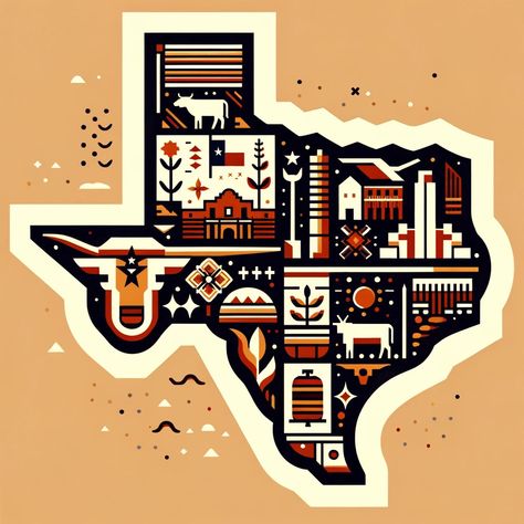 Explore the Lone Star State in style with this unique Texas-shaped art print, blending mid-century modern aesthetics with iconic Texan symbols. From the Alamo to the Houston skyline, this piece captures the essence of Texas through a vibrant and stylized design. The warm, rustic tones combined with bold mid-century hues create a dynamic and visually striking representation of Texas, perfect for adding a touch of southwestern charm to any space. This is a DIGITAL DOWNLOAD. You will receive a link to download a high resolution version of this print. Image Size:  1024x1024 Image DPI:  300 West Texas Aesthetic, Texas Illustration Art, Texas Poster Design, Texas Vibes, Austin Texas Graphic Design, Texas Illustration, Texas Symbols, Texas Culture, Texas Icons