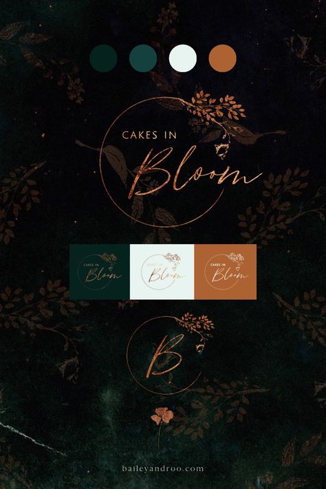 Bespoke modern logo and branding design for luxury cake designer Cakes In Bloom. Green and copper textured colour palette. Bold brand color palette. Autumnal brand identity design. Script font typography with circle design submark. Design by Bailey & Roo Black And Copper Color Scheme, Moss Green And Gold Color Palette, Green And Copper Palette, Black Copper Green Color Palettes, Colour Palette For Logo Design, Dark Branding Inspiration, Autumn Logo Design, Copper And Green Color Palette, Regal Colour Palette