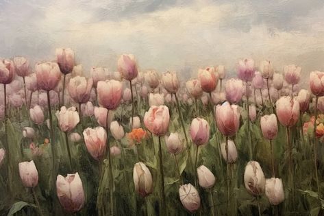 Vintage-inspired Oil Painting of Tulip Fields in Holland, 938 DPI - Etsy Moody Cottagecore, Cottagecore Painting, Coastal Gallery Wall, Paintings Of Landscapes, Painted Picture Frames, Tulip Painting, Tulip Print, Tulip Fields, Spring Landscape