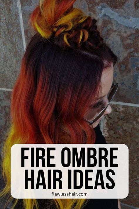 Fire Ombre With Mahogany Roots Fire Ombre Hair, Ombre Hair Ideas, Flame Hair, Fiery Red Hair, Oc Creator, Fire Hair, Color Melting, Red Ombre, Dark Roots