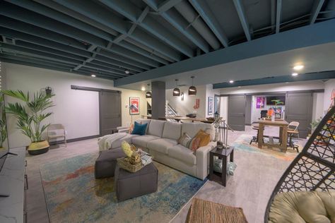 Finished Basement - Home Bar with Relaxing Lounge Space Painted Exposed Basement Ceiling, Semi Finished Basement Ideas, Unfinished Basement Ceiling, Exposed Basement Ceiling, Basement Refinishing, Grandma House, Open Basement, Relaxing Lounge, Coretec Plus