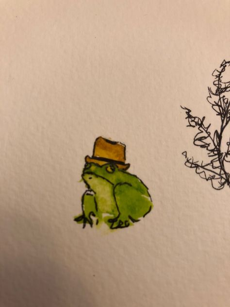 Frog Art Watercolor, Frog With Top Hat Drawing, Simple Frog Sketch, Animals With Cowboy Hats Drawing, Frog In Hat Drawing, Frogs With Hats Drawing, Frog Watercolor Simple, Funky Frogs Drawing, Frog In Cowboy Hat Tattoo