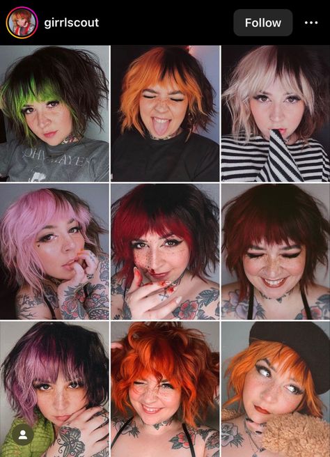 2023 Color Blocking Hair, Short Hair Bangs Color Ideas, Fringe Bangs On Short Hair, Cute Hair Color Ideas For Short Hair, Edgy Short Hair Color Ideas, Creative Color Placement Hair, Short Hair Inspo Color, Short Punk Hairstyle Women, Pixie Split Dyed Hair