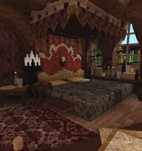 Bloxburg Goth Bedroom, Bloxburg Midevil House, Goth Bloxburg Room, Spooky Bloxburg House, Victorian Bedroom Bloxburg, Bloxburg Castle Interior, Bedroom Ideas Goth, Bloxburg Victorian House Interior, Bloxburg House Room Ideas