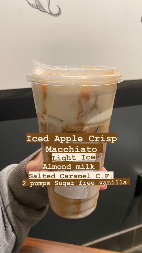 Starbucks Recipes Iced, Iced Apple Crisp Macchiato, Apple Crisp Macchiato, Starbucks Fall Drinks, Starbucks Drink Menu, Fall Starbucks, Starbucks Secret Menu Recipes, Cold Starbucks Drinks, Starbucks Order