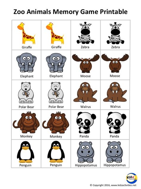 Zoo Animals Memory Game Free Printable by Kidz Activities Animal Memory Game Free Printables, Animal Activities For Preschool, Animals Memory Game, Zoo Activities Preschool, Animal Memory Game, Zoo Animal Activities, Zoo Animals Preschool, Preschool Zoo Theme, Zoo Preschool