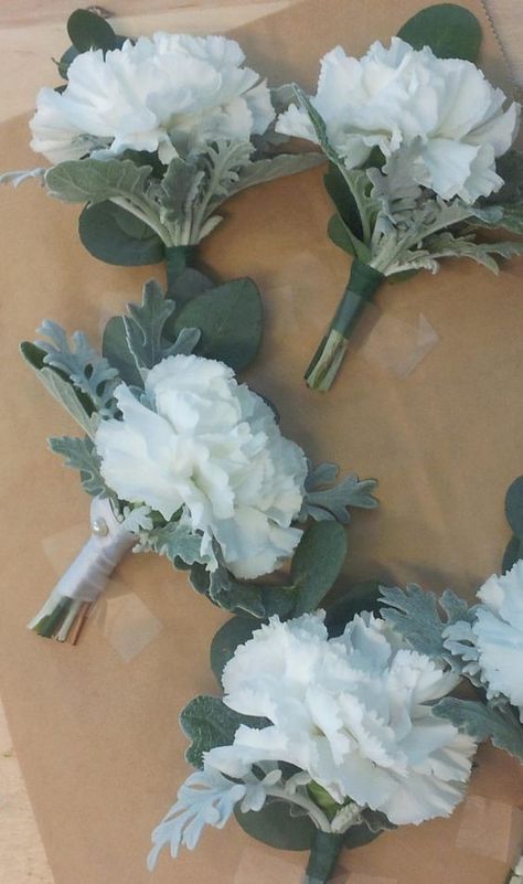 Carnation Wedding, White Carnations, White Carnation, Dusty Miller, Carnation Flower, Corsage Wedding, Bride Bouquets, Back To Nature, The Groom