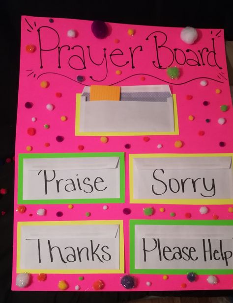 What you need:  Poster Board, Envelopes, Index Cards, Glue Gun. Extras: Crafts to decorate Prayer Poster Board, Prayer Board Envelopes, Kids Prayer Board, Prayer Bulletin Board, Prayer Board Ideas Creative, Prayer Board Ideas Diy, Godly Lifestyle, Diy Prayer Board, Christian Diy