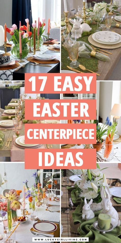 17 Easy Easter Centerpieces That Look Amazing - Lucky Girl Living Easy Easter Centerpieces, Green Table Runner, Large Rabbits, Faux Moss, Easter Event, Table Decorating, Speckled Eggs, Spring Tablescapes, Easter Candles