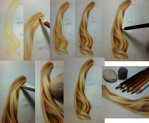 Hair tutorial. Credits to owner. Drawing Hairstyles, Prismacolor Art, Colored Pencil Tutorial, Hair Sketch, Colored Pencil Techniques, Coloring Tutorial, Coloured Pencils, Color Pencil Art, Color Pencil Drawing