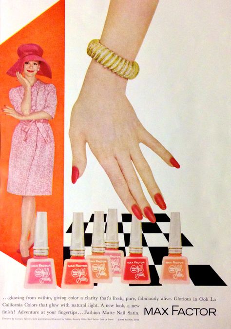 Max Factor 'Ooh La California' Nail Satin Polish double page ad, right side, 1962 1960s Nails, Mc Nails, Vintage Makeup Ads, American Wallpaper, California Colors, Makeup Ads, Retro Nails, Nail Salon Decor, Retro Makeup