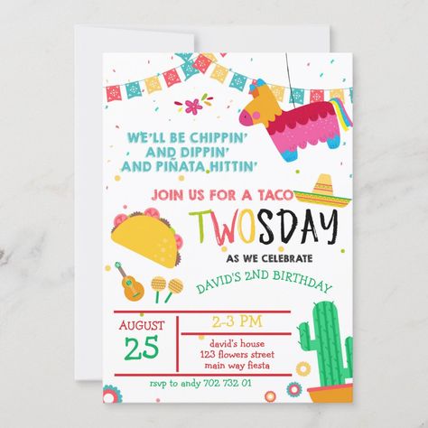 Taco Twosday Pinata Fiesta 2nd Birthday Invitation | #tacotwosday #pinata #fiesta #2ndbirthday #secondbirthday #tacoparty #boy2ndbirthdayinvite #girl2ndbirthdayinvite #mexican #fiesta2ndbirthday Taco Twosday Birthday Boy, Taco Twosday Birthday Girl, Fiesta 2nd Birthday, Taco Twosday Birthday, Taco Birthday, Taco Twosday, 2nd Birthday Invitations, Girl 2nd Birthday, Birthday Invitations Girl