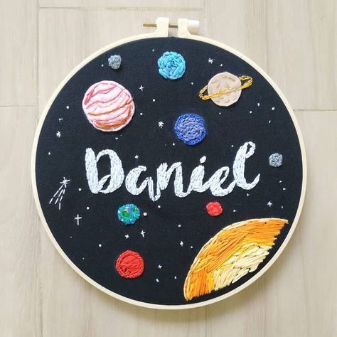 Space Embroidery personalised name hoop boys room baby nursery handmade handcrafted wall art wall decor custom made planets Embroidery solar system hand embroidery Planets Embroidery, Rocket Embroidery, Space Embroidery, 9 Planets, Ribbon Embroidery Tutorial, Planet Design, Laundry Design, Baby Frame, Embroidery Tshirt