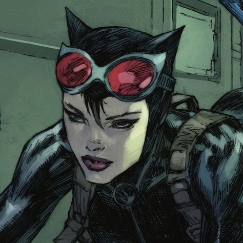 Catwoman Profile Picture, Cool Comic Art, Female Character Pfp, Comic Profile Picture, Catwoman Goggles, Dark Haired Characters, Cartoon Characters With Bangs, Hot Character Design, Scary Cartoon Characters