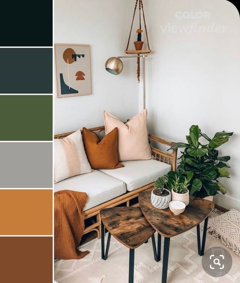 Earthy Interior Color Palette, Orange Green Wood Living Room, Olive Color Palette Living Room, Muted Jewel Tone Living Room, Earth Tone Library, Earth Tones With A Pop Of Color, Interior Color Palette Earth Tones, Boho Room Color Palette, Terracota Green Living Room