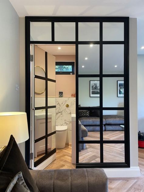 Hidden Doors In Walls Mirrors, Hidden Doors In Wall Modern Entryway, Mirror Wall Hidden Door, Wall Full Of Mirrors Ideas, Hidden Door Mirror Wall, Mirror Hidden Door Ideas, Sliding Mirror Door Living Room, Mirror Divider Wall, Secret Mirror Door Hidden Rooms