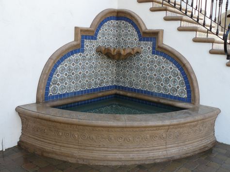 Custom Corner Fountain......Old Town.La Quinta Corner Fountain, Limestone Fountain, Cast Stone Mantel, Cast Stone Fireplace, Water Fountain Design, Stone Fireplace Mantel, Stone Mantel, Spanish Decor, Outdoor Remodel