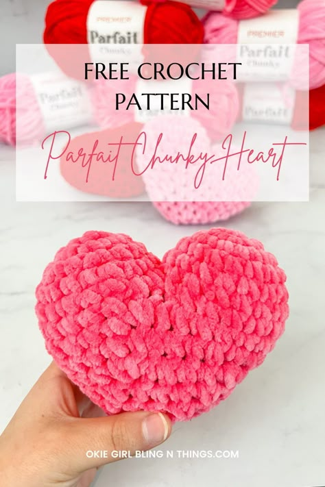 Crochet With Soft Yarn, Pink Chunky Yarn Crochet Ideas, Free Heart Pattern, Crochet Projects With Pink Yarn, Chunky Crochet Heart Pattern, Parfait Chunky Yarn, Crochet Conversation Hearts, Chunky Yarn Small Projects, Chunky Yarn Heart Pillow