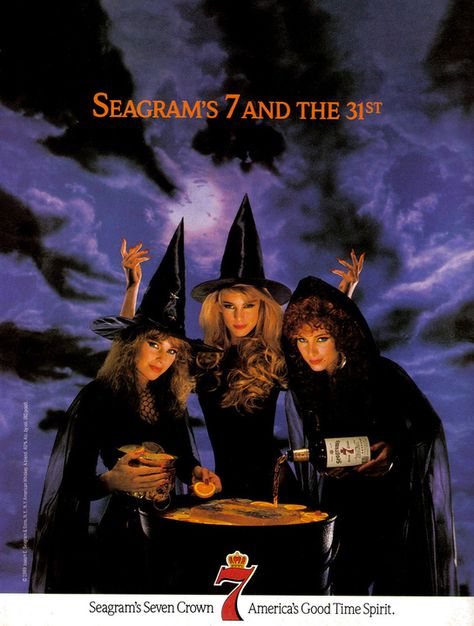 Aesthetic Ads, Halloween Party Aesthetic, Halloween Ads, Seagrams 7, Three Witches, Halloween Props Diy, Party Aesthetic, Witches Cauldron, Vintage Witch