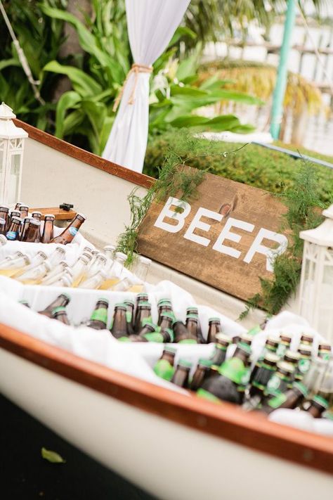 Nautical Waterfront Wedding, bar, boat, beer, creative bar ideas, outdoor wedding Canoe Wedding, Wedding Drink Bar, Boat Wedding, Waterfront Wedding, Bar Set Up, Wedding Drink, Nautical Wedding, 50th Wedding, Wedding Bar