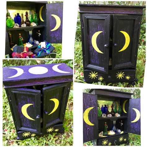 Upcycled jewelry boxes make great witchy cabinets!! Belladonna Apothecary original Witch Altar Box Diy, Witchy Upcycle, Witch Boxes Painted, Witchy Jewelry Box Diy, Witchy Furniture Diy, Witchy Cabinets, Upcycled Jewelry Box Diy, Corner Altar, Jewelry Box Painting Ideas