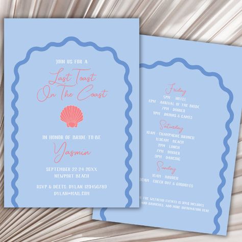 Last Toast On The Coast Beach Bachelorette Invitation Coast Bachelorette Party, Toast On The Coast Bachelorette, Last Toast On The Coast, Themed Bachelorette Party, Toast On The Coast, Bachelorette Weekend Itinerary, Tropical Bachelorette, Themed Bachelorette, Bachelorette Invitation