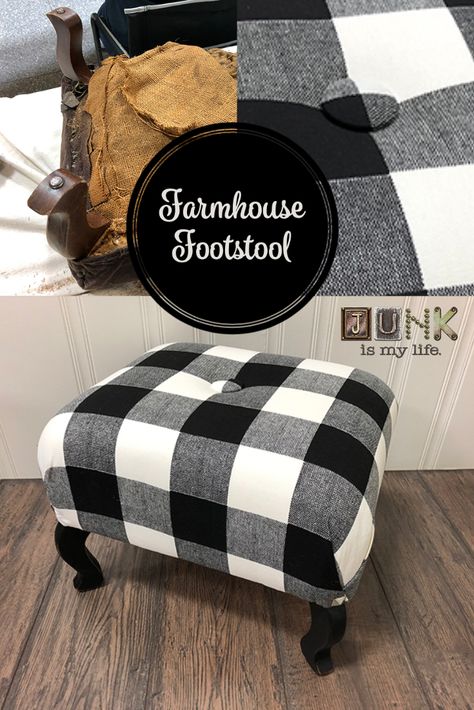 Farmhouse Footstool, Footstool Makeover, Farmhouse Idea, Diy Footstool, Refurbishing Furniture, Upholstery Chair, Buffalo Plaid Fabric, Upcycle Furniture, Homemade Furniture