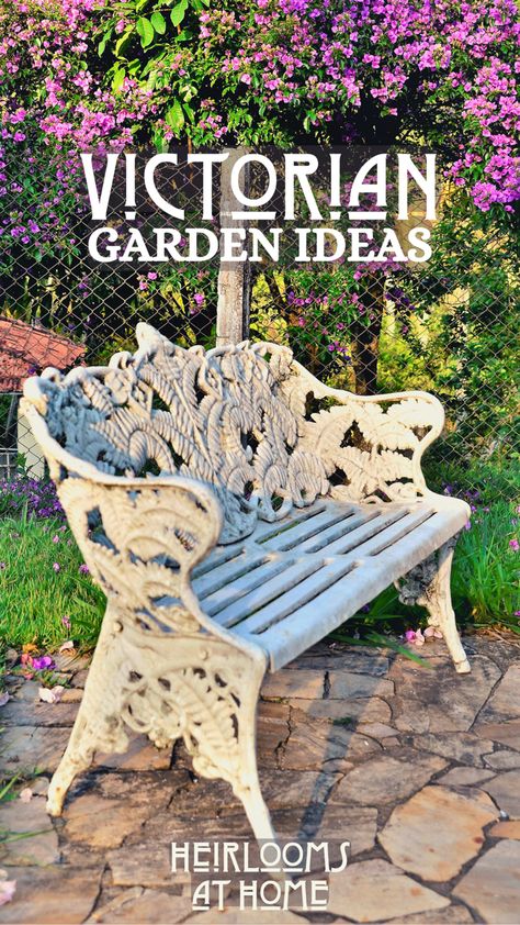 victorian cast iron bench in a garden Victorian Gardens Ideas, Victorian Garden Decor, Victorian Courtyard Garden, French Country Landscaping Front Yard, Victorian Garden Landscaping, Victorian Front Yard, Victorian Patio Ideas, Victorian Garden Aesthetic, Romantic Garden Ideas