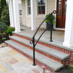 Step Railing Outdoor, Porch Step Railing, Concrete Decks, Stairs Porch, Wrought Iron Porch Railings, Railing Outdoor, Iron Railings Outdoor, Outdoor Railings, Exterior Stair Railing