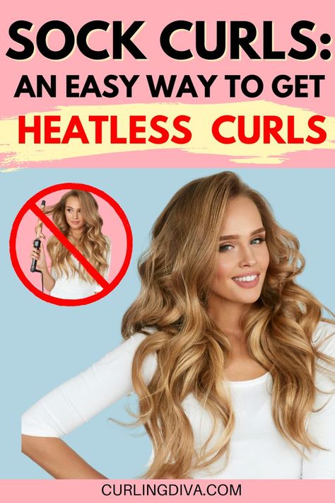 You've heard of heatless curls, but do you know how to get them? Sock curls are an easy way! Wrap your hair in a sock and go about your day. When you take the sock out, voila! Instant curls. It's a great way to use up old socks and it makes your hair super soft in the process. Learn how to curl short hair with a sock! It's easy, quick, and gives you bouncy curls that last all day long. Sock curls are a simple way to add volume, texture, and curl to your hair without heat styling. Curl Your Hair With Socks, Hair With Socks, Curling Hair With Socks, Curled Layered Hair, Curl Hair Without Heat, Easy Curled Hairstyles, Curls For Medium Length Hair, Heartless Curls, Sock Curls