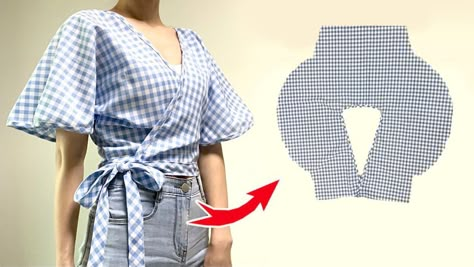 Wrap Shirt Pattern, Wrap Blouse Pattern, Wrap Top Sewing Pattern, Wrap Top Pattern, Crop Top Sewing Pattern, Diy Clothes Patterns, Shirt Tutorial, Shirt Sewing Pattern, Diy Butterfly