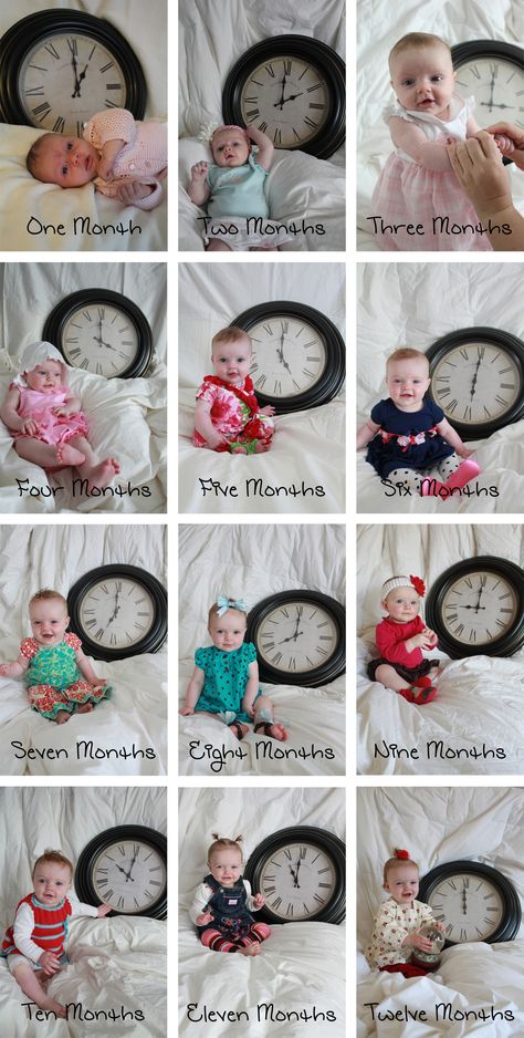 Photograph your baby each month with a clock set to the appropriate hour. It gets tricky as they get older but worth it for the cute memories! 1 To 12 Months Baby Photo Ideas, 8 Month Baby Photoshoot, 1 Month Baby, Baby Boy Newborn Photography, Baby Milestones Pictures, Monthly Baby Pictures, Baby Milestone Photos, Baby Fotografie, Monthly Baby Photos