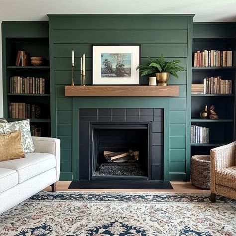 Bookcase On Side Of Fireplace, Shiplap Wall Green, Fireplace With Small Built Ins, Green Built In Bookshelves Fireplace, Built In Bookshelf Around Fireplace, Emerald Green Fireplace, Dark Green Built In Bookcase, Green Built Ins Living Room, Green Living Room Fireplace