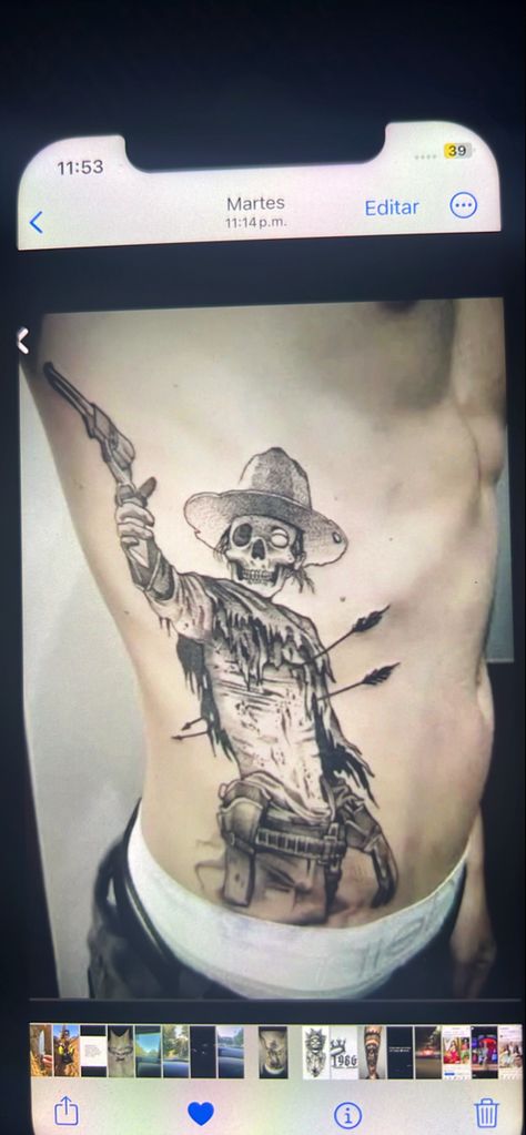 Skeleton Back Tattoo, Mens Chest Tattoos Ideas, Skeleton Cowboy Tattoo, Mens Stomach Tattoo, Trucker Tattoo, Cowboy Tattoo, Indian Skull Tattoos, Animal Tattoos For Men, Rib Tattoos For Guys